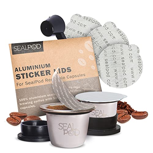 SEAL POD Refillable Coffee Capsules Stainless Steel Reusable Capsules Compatible with Nespresso Line Coffee Machines Eco-Friendly Refillable Pods Pack of 2 Pods, 120 Lids